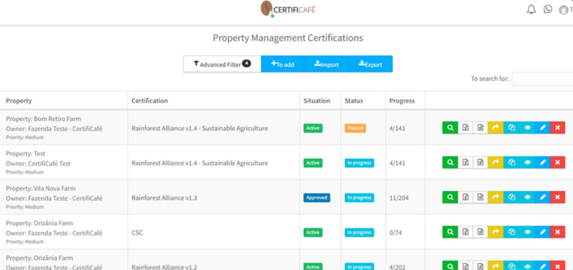 CertifiCafé platform: certification checklist per property with progress